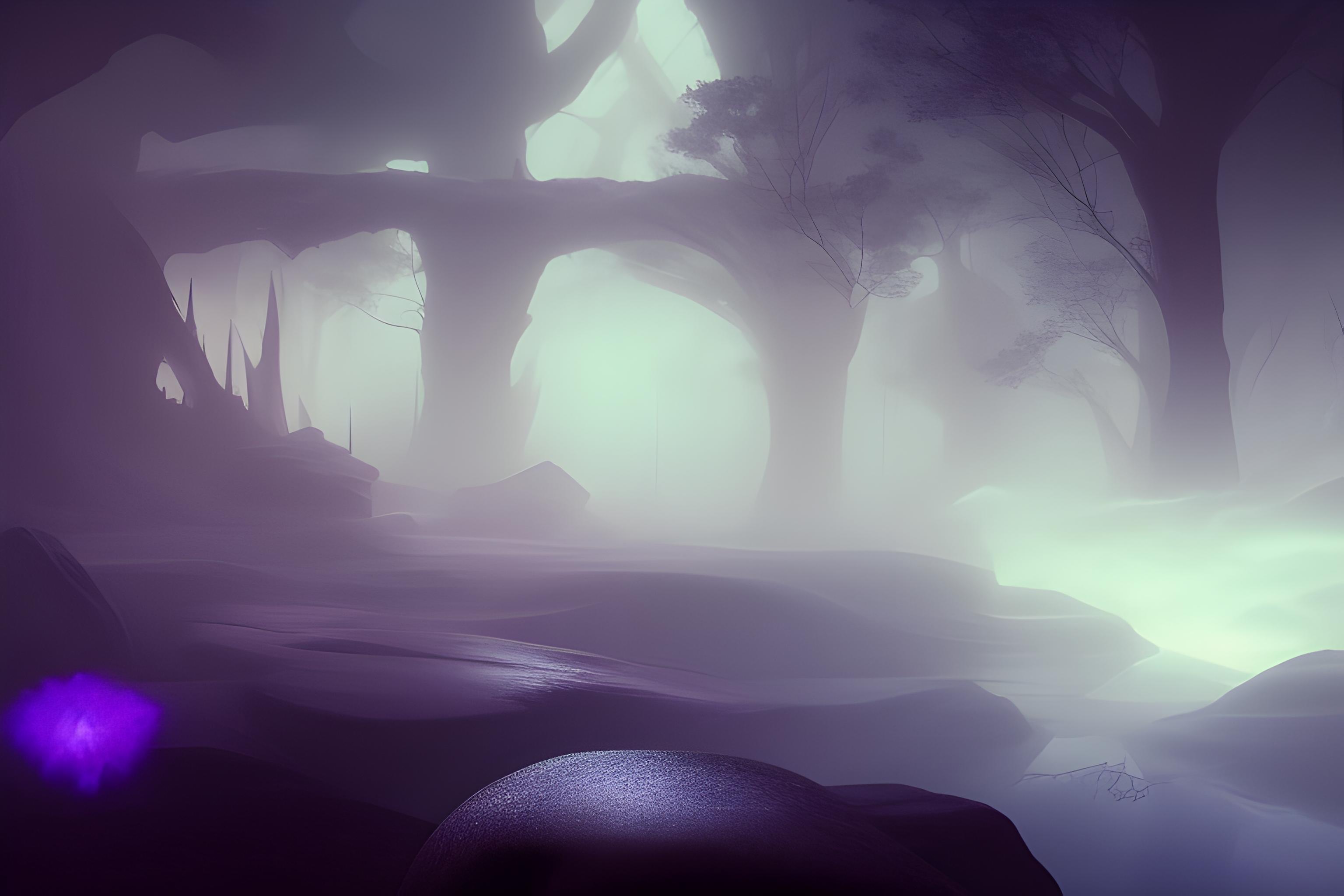 dark fantasy ambient background with very subtle glowing particles, deep blue and violet tones, sof…